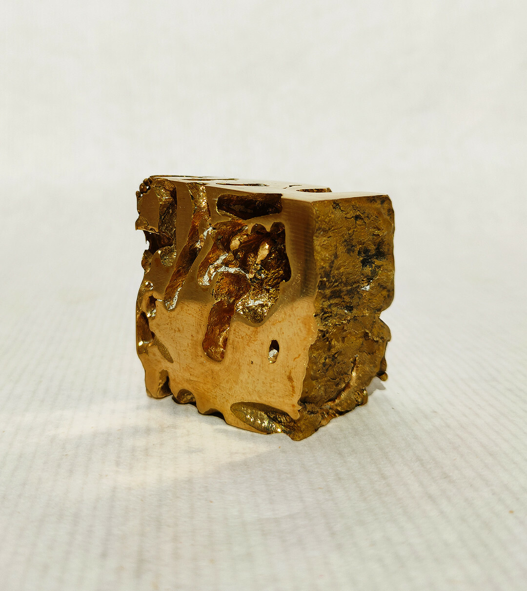 A view of the brass piece, showing a polished side from the inside of the tree, where the termite tunnels are, and one side respecting the original bark texture