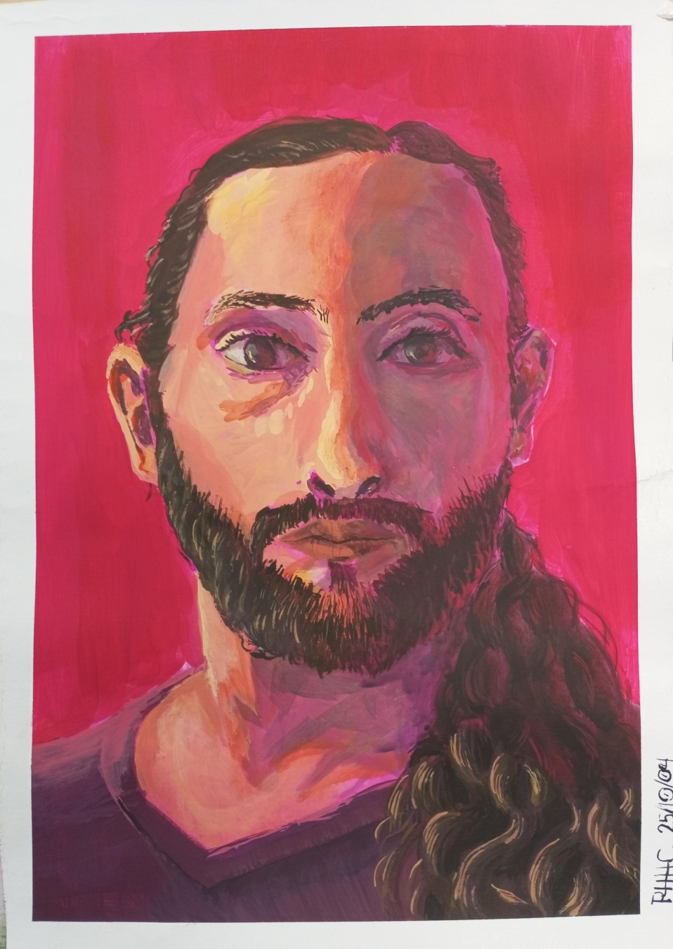Self portrait in magenta. Acrylic paint 25x35cm.