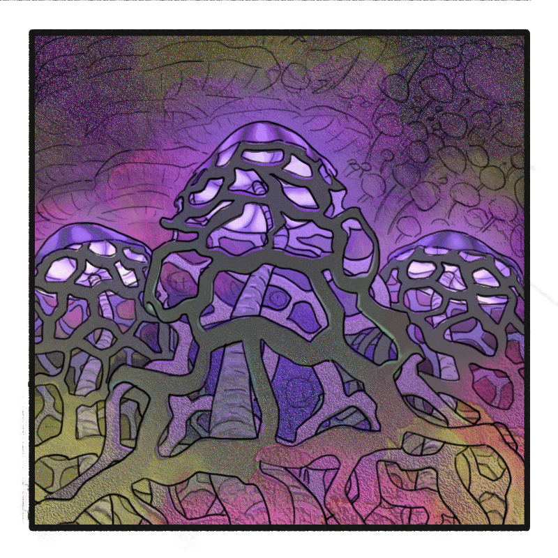 Comic panel. The colony of fungi framed to look imposing. The color is returning to normal.