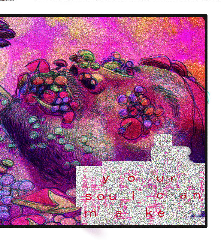 Comic panel. The man's face is in frame. Fungi come out of his face. The image is magenta and distorted. Dialogue: "...your soul can make"