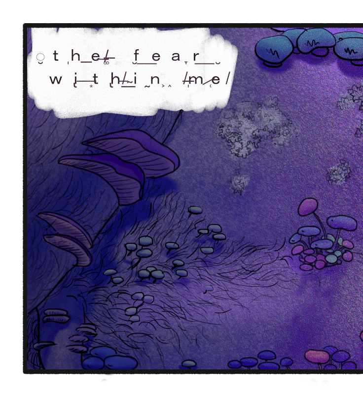 Comic panel. There is a pair of naked male body hips on their side. They are blue and have fungi on them. Dialogue: "The fear within me..."