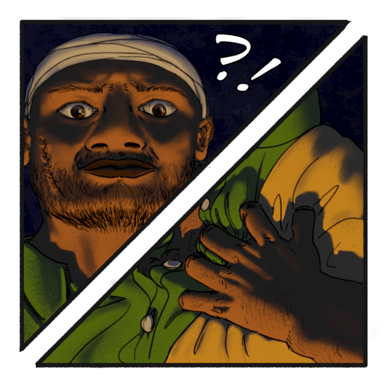 Comic panel. The man is surprised at the question and clutches his chest.