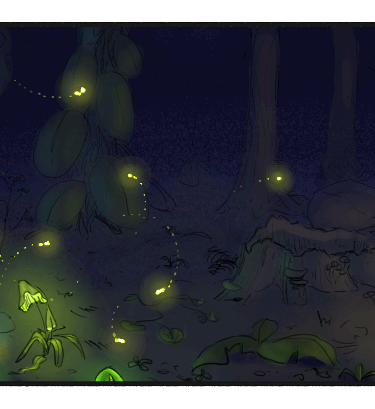 Comic panel. The forest at night. There are fireflies.