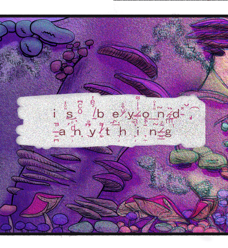 Comic panel. Now the chest and arm are visible. The image is distorting and turning bright purple. Dialogue: "...is beyond anything..."