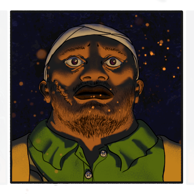 Comic panel. The man looks to the horizon, seeming absent. Fire sparks begin sparsely flying by.