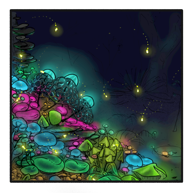 Comic panel. A colony of bioluminescent fungi in the forest at night. It is silent.