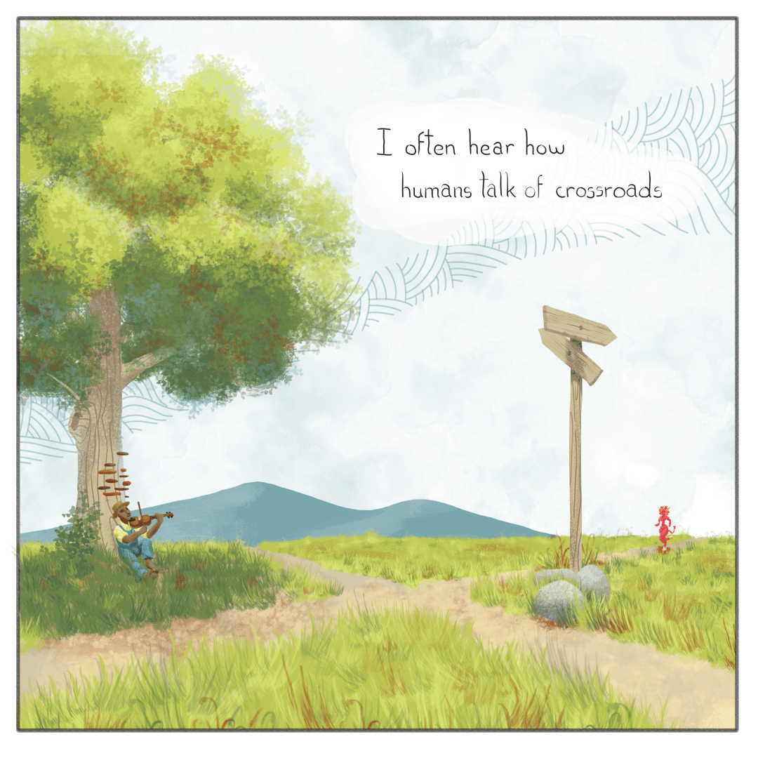 Comic page. Near a path crossroads in a sunny prairie, sitting under a tree, a man plays the fiddle. Down one of the paths, the devil approaches. Dialogue: "I often hear how humans talk of crossroads".