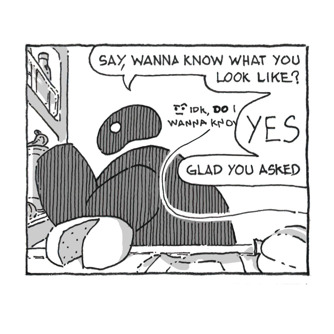 Comic page. A blobby creature half-asks to show their rendition of the author