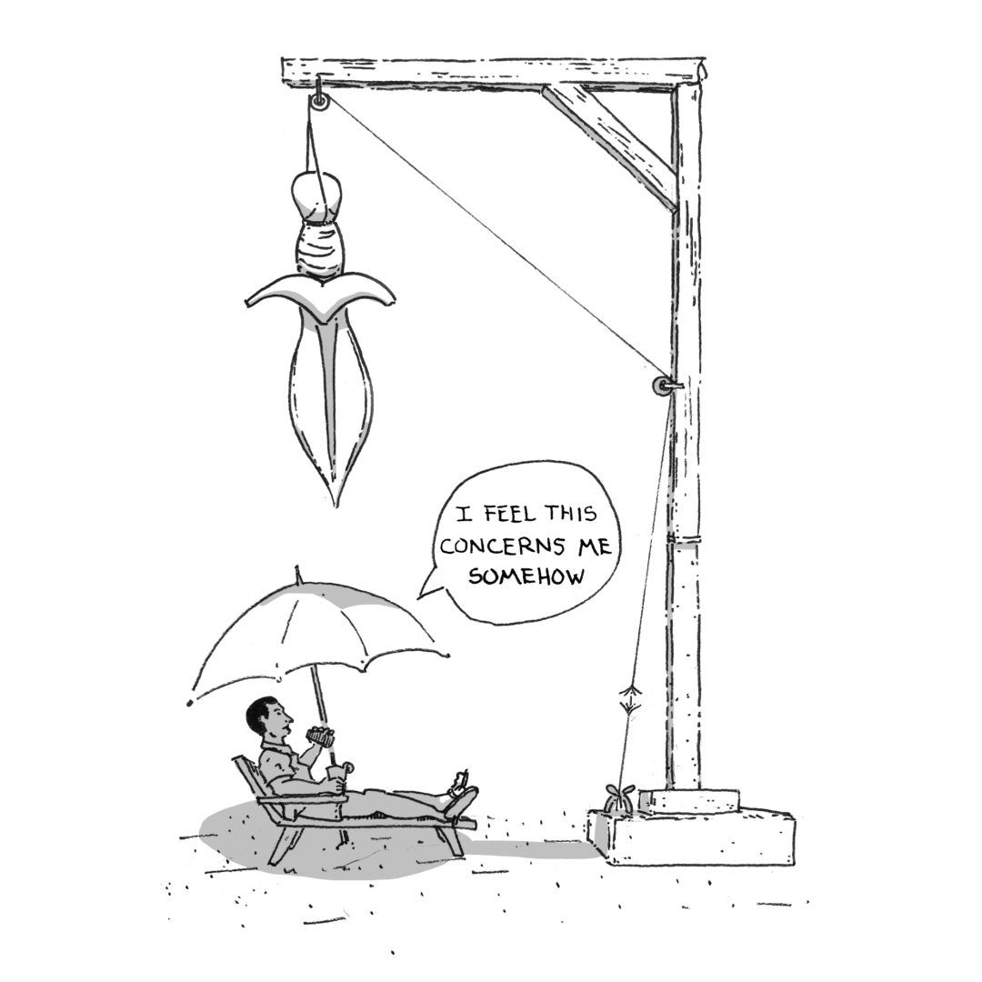The man is sitting under an umbrella, which obscures a large sword hanging above him from the rope. Text: "I feel this concerns me somehow"