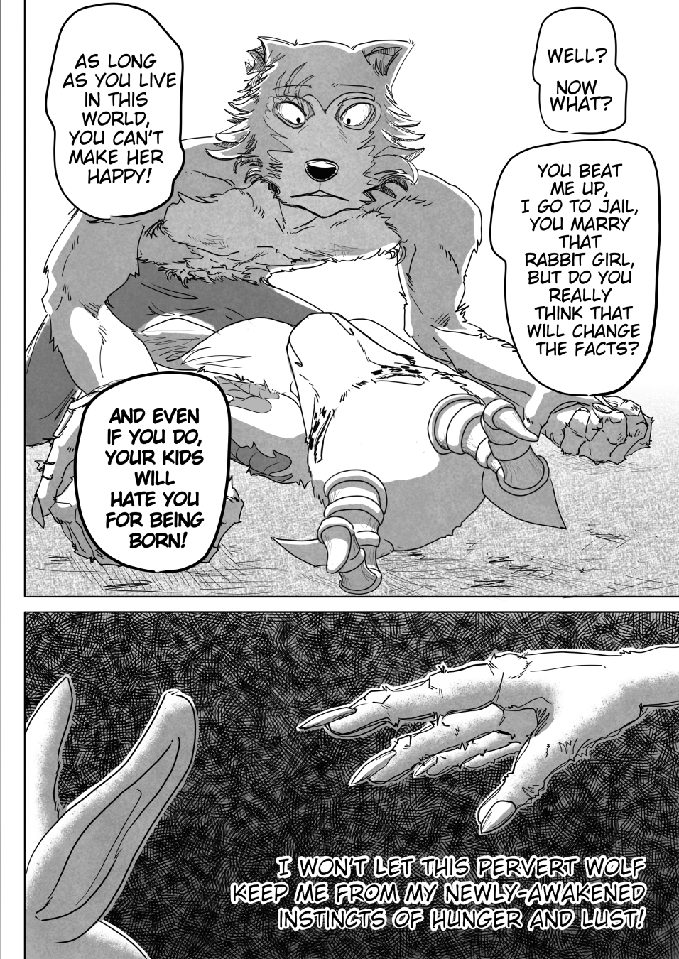 Comic page. Legosi the Wolf pins down Melon the Hybrid to the ground while she confronts him about his motivations and reflects on her own.