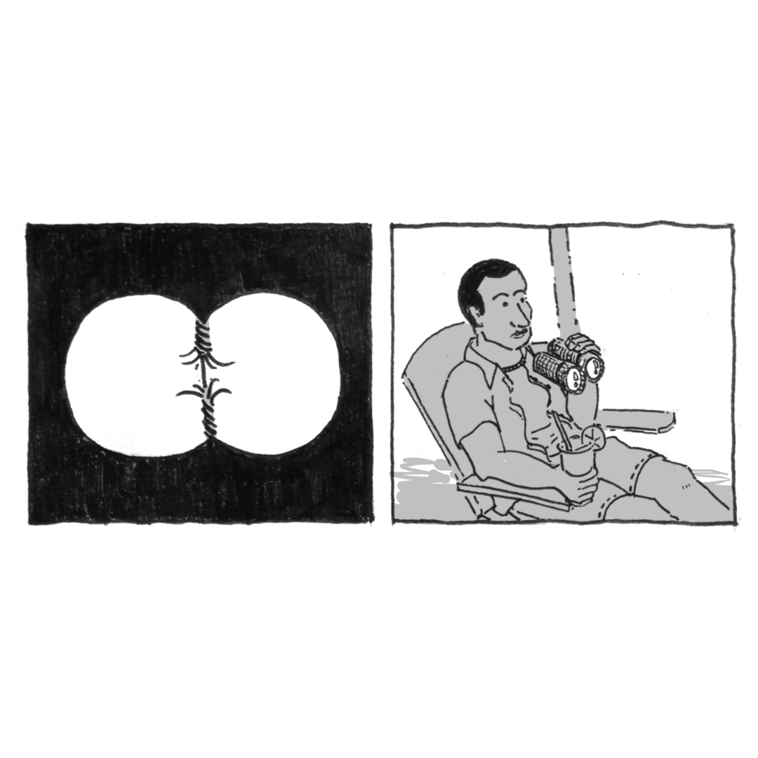 Comic panels. A man looks through a pair of binoculars into a worn-down piece of rope about to break.