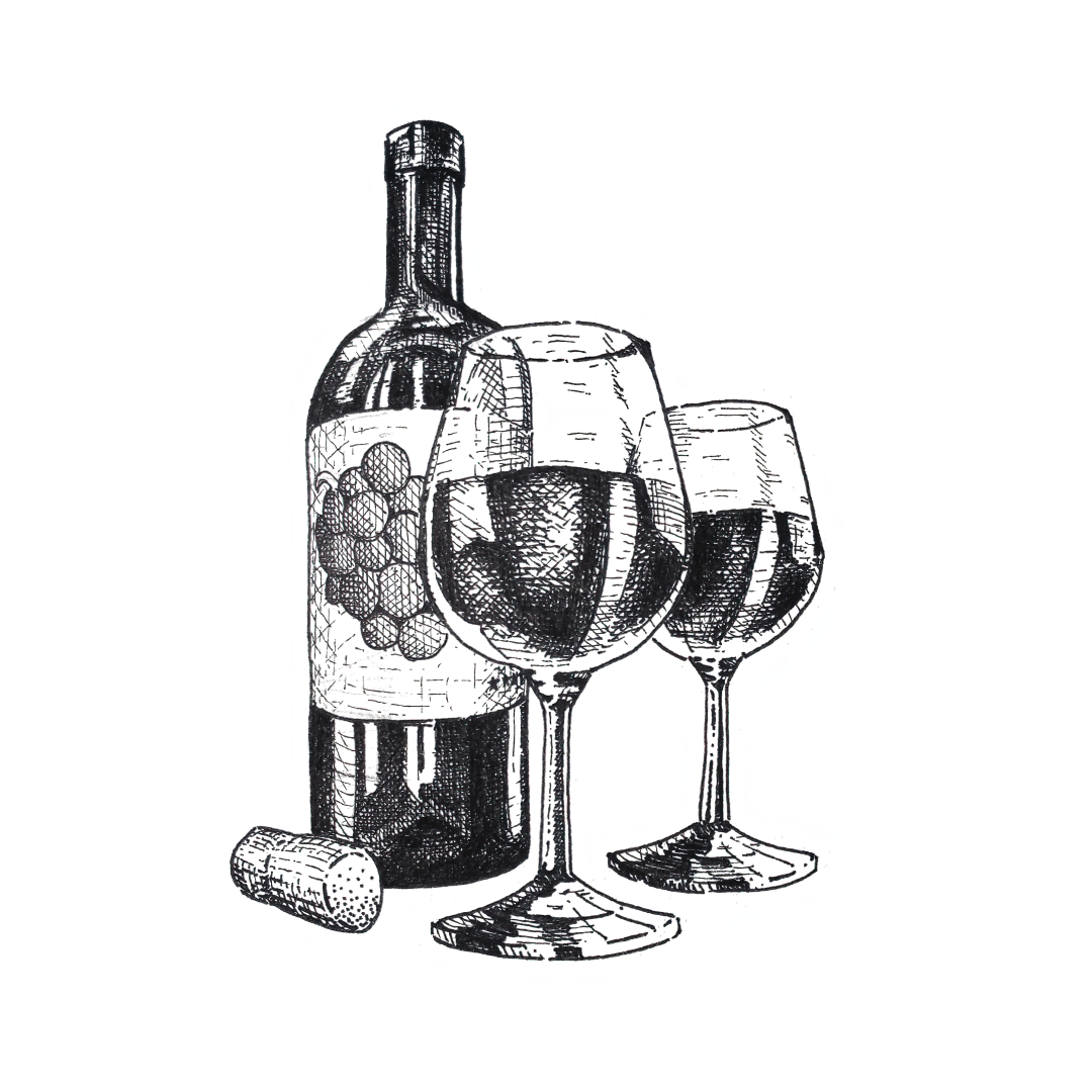 Technical pen cross-hatching illustration of a bottle and two glasses of wine