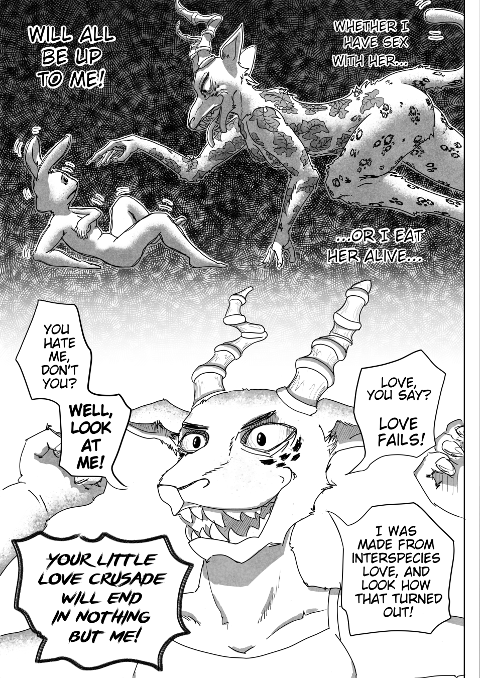 Comic page. Melon the Hybrid muses further on her motivations then continues to berate the wolf.