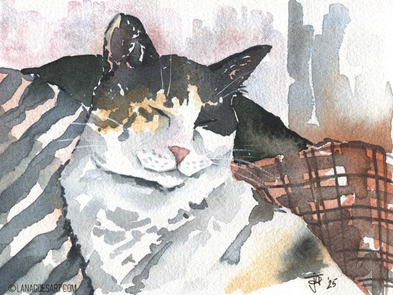 Loose watercolor painting of a cat leaning on a blue striped pillow with closed eyes. The cat is white with orange and black spots. Gorgeous to look at.