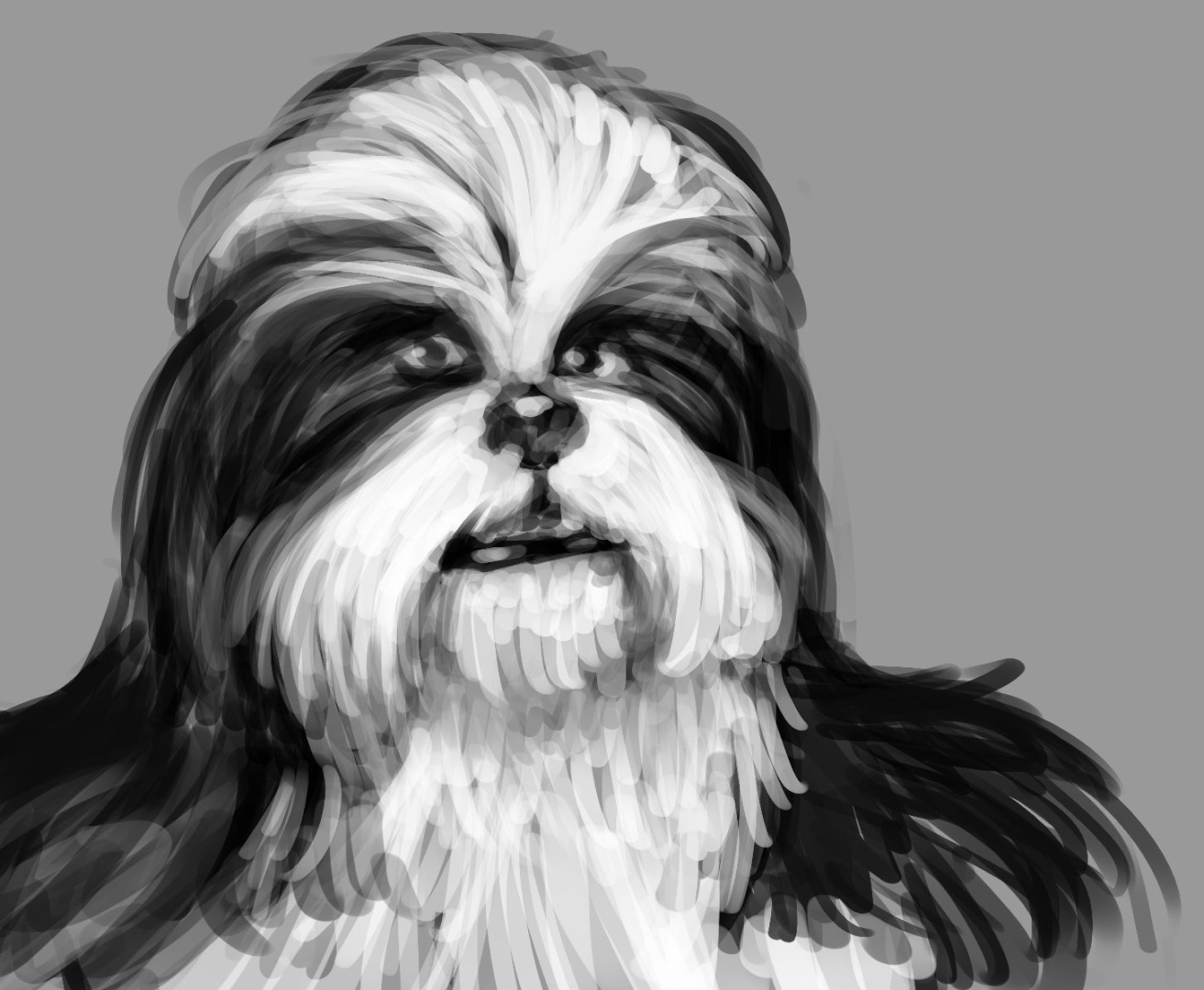 A grayscale sketch of a Wookiee with English Sheepdog markings.