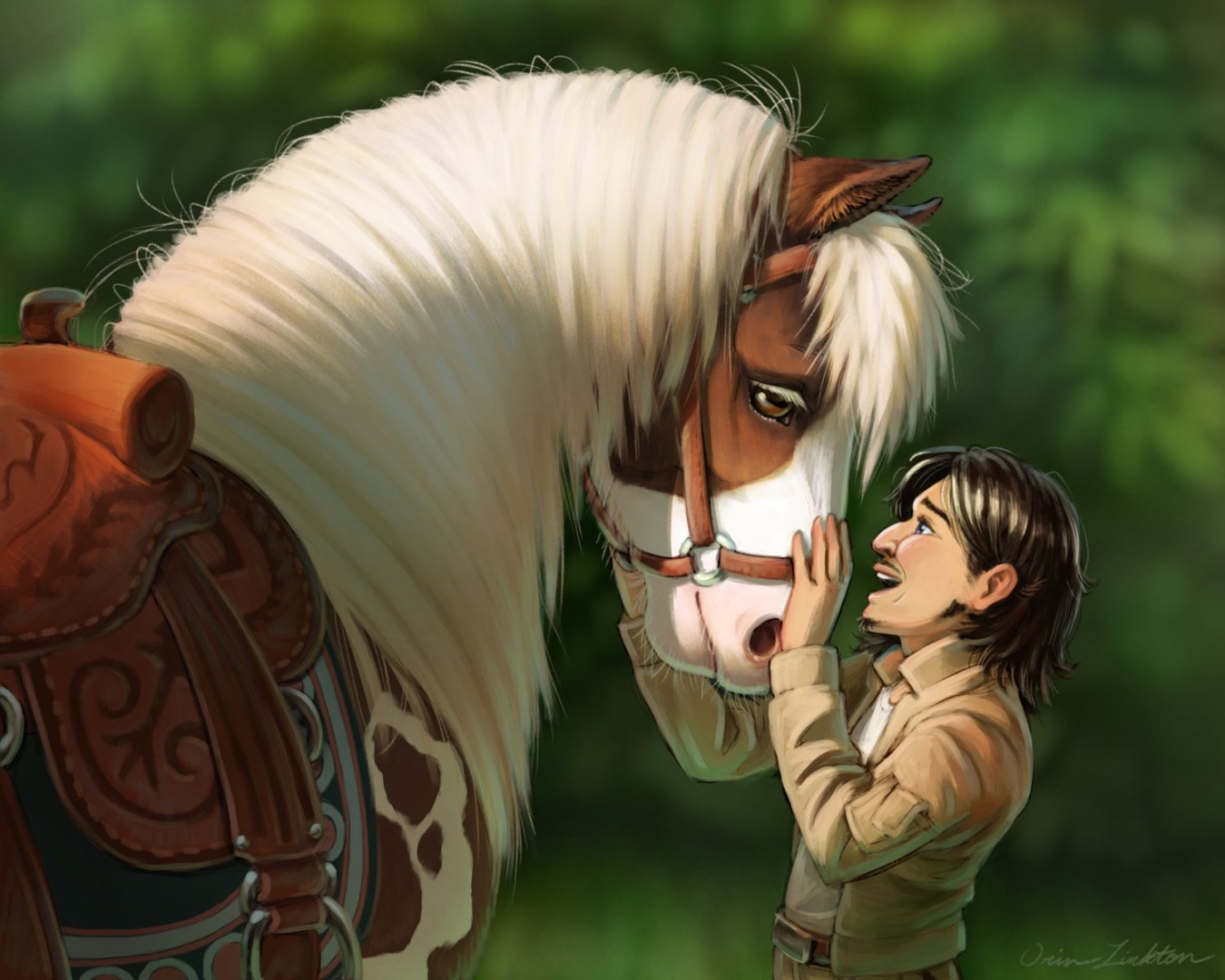 Digital painting of a man with long dark hair and fatigues, gazing up in delight and petting the nose of a large draft horse with soft eyes.
