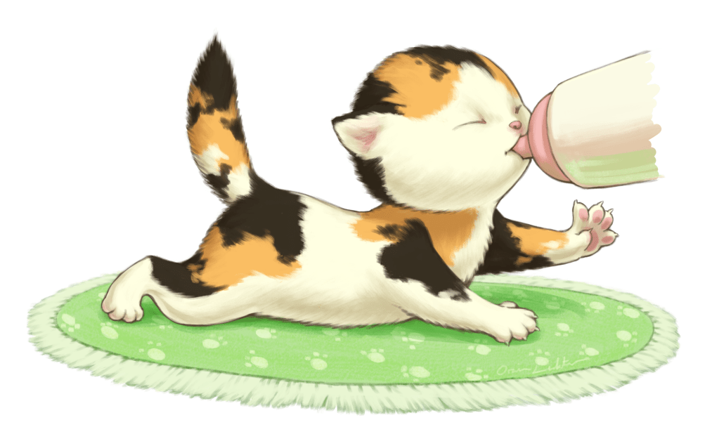 Painting of a newborn calico kitten lying on a rug, nursing from a bottle.