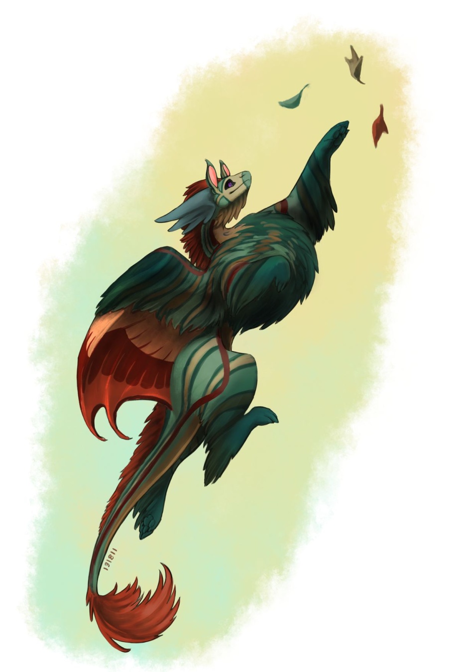 An autumn-colored female Tundra dragon chases some leaves in a hazy sky.