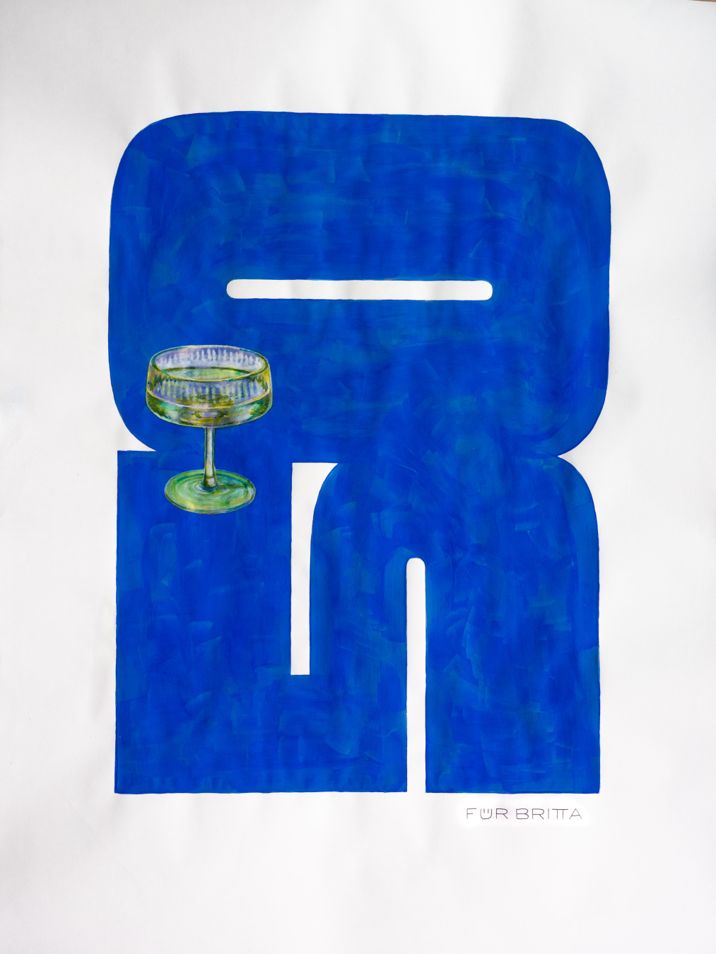 Hand painted poster with a large blue shape of the number 50 enclosing a glass of champagne.