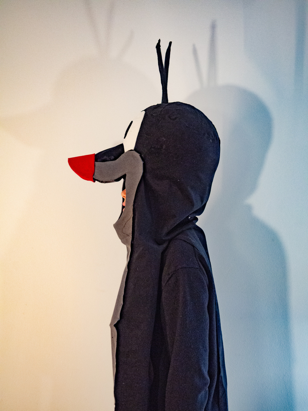 Kid in carnival costume of the little mole facing left