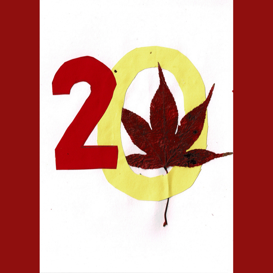 a collage of leaves and paper, depicting the number 20