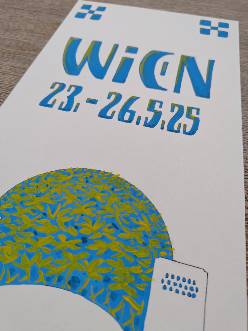 hand made gift card depicting art nouveau lettering and a stylized building of the secession building in vienna