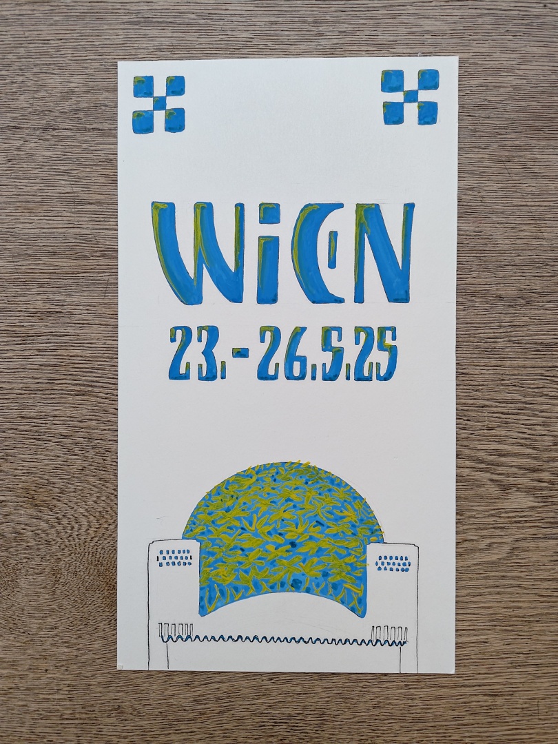 hand made gift card depicting art nouveau lettering and a stylized building of the secession building in vienna