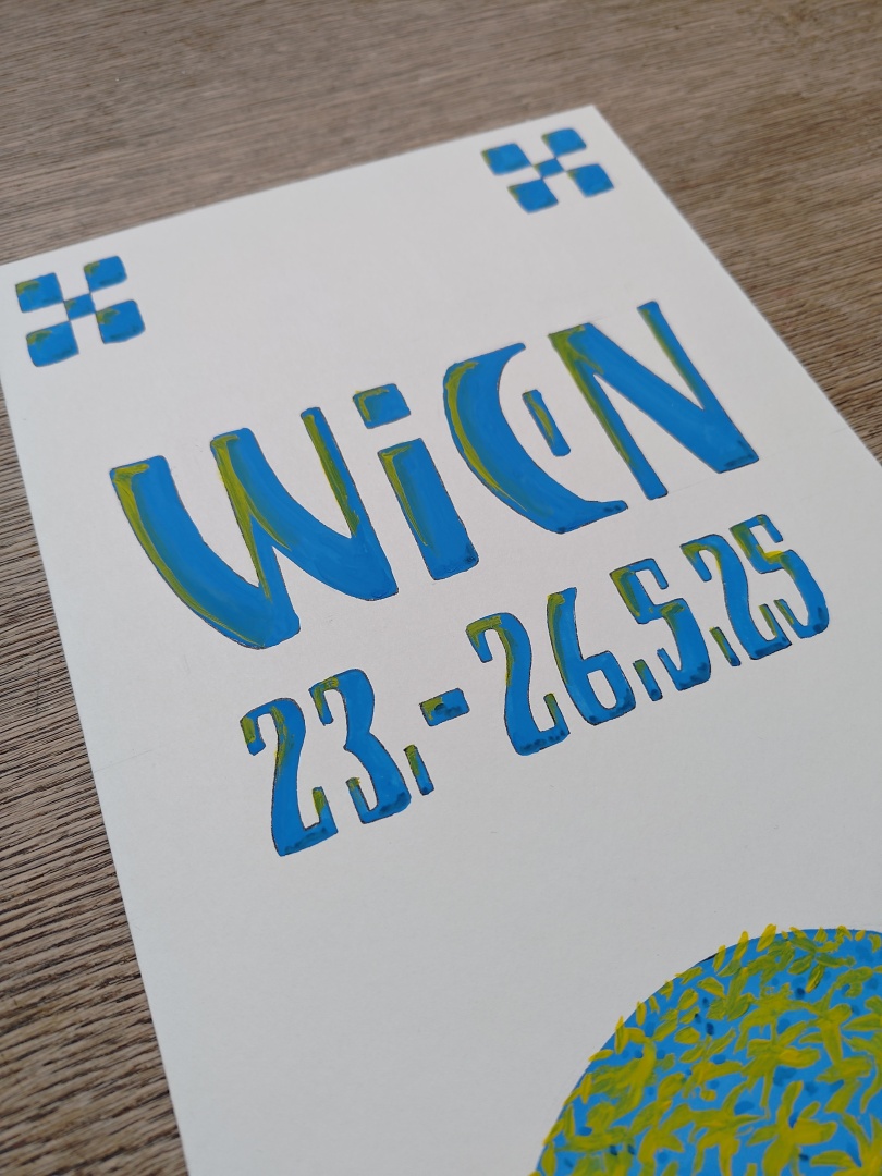 hand made gift card depicting art nouveau lettering and a stylized building of the secession building in vienna