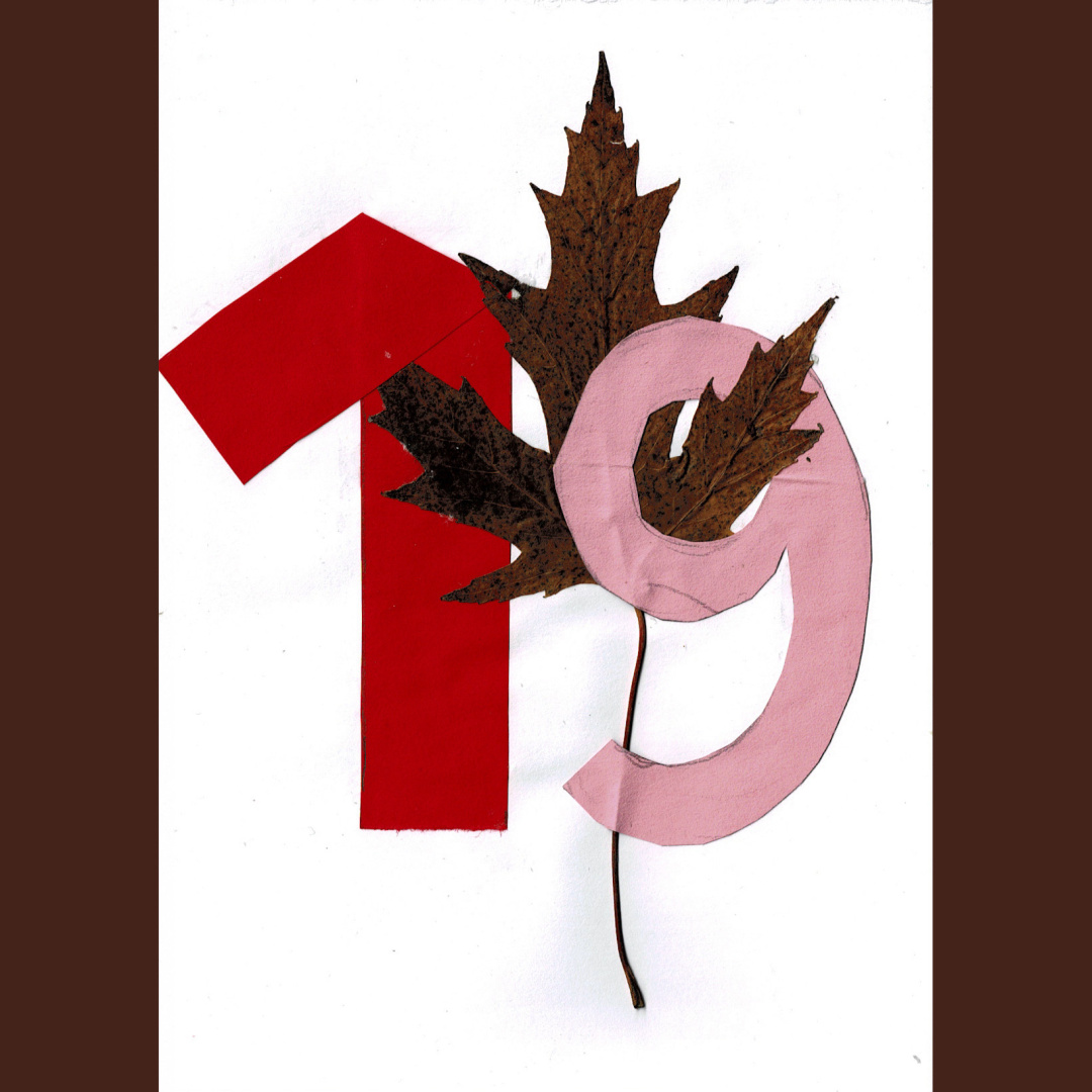 a collage of leaves and paper, depicting the number 19