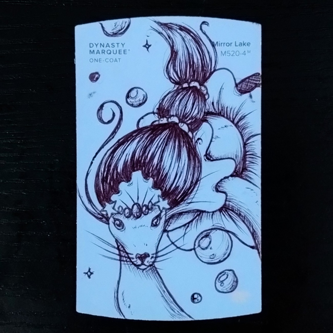 A sketch of the Pokémon Primarina on a blue Behr brand paint chip.  Its color name is Mirror Lake.  It is the first drawing for the Inktober 2023 art challenge; Day 1's prompt is Dream.