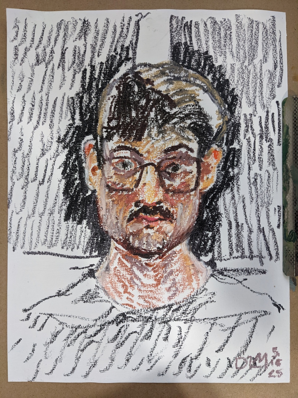 an oil pastel drawing of a self portrait. it's drawn in loose, short marks, with flat light and dark outlines. The figure is caucasian with dark hair and mustache, with rounded brown, square glasses.