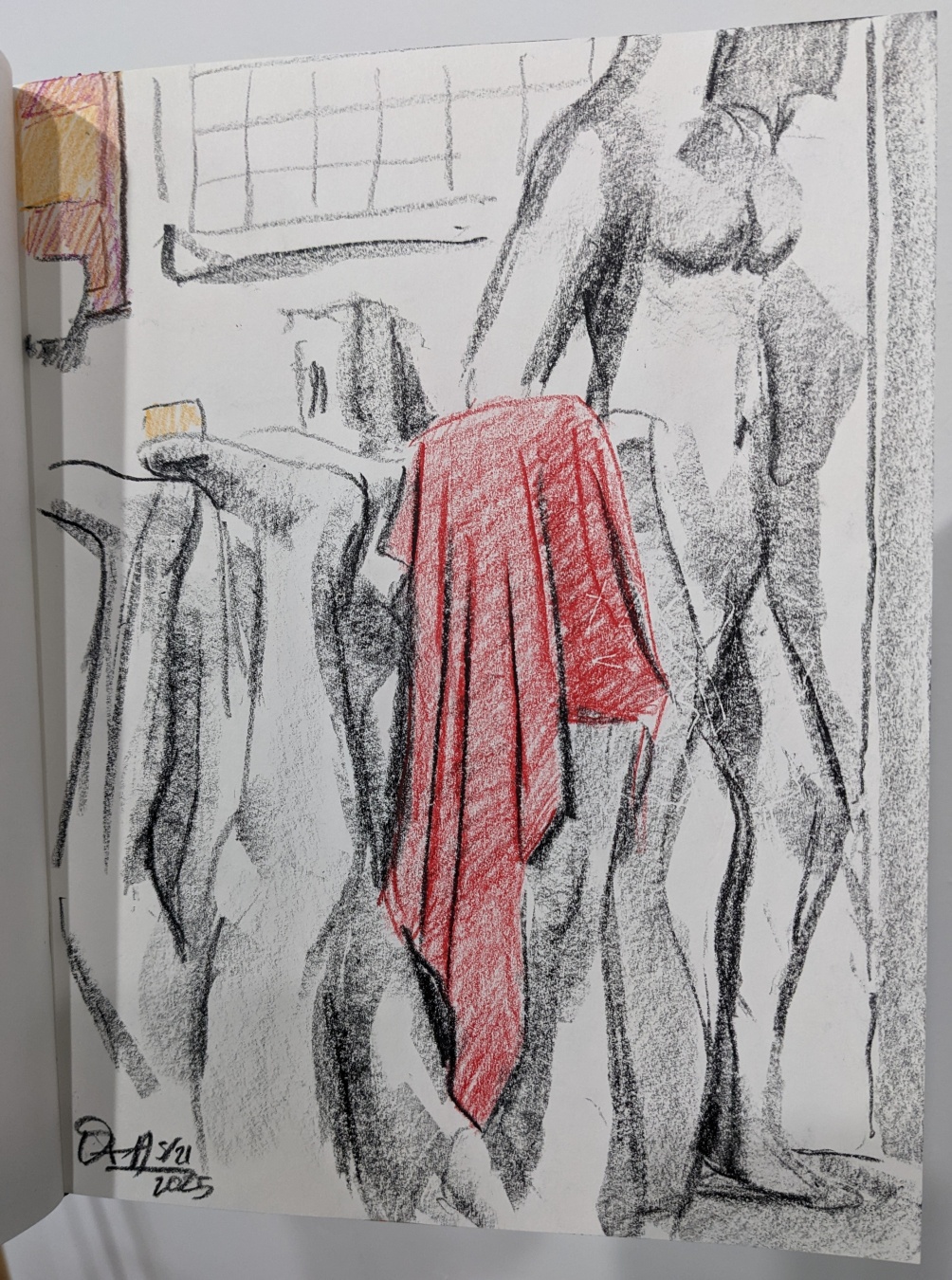 a color pencil drawing depicting a group of gray maniquins and a red towel draped over one in the center.