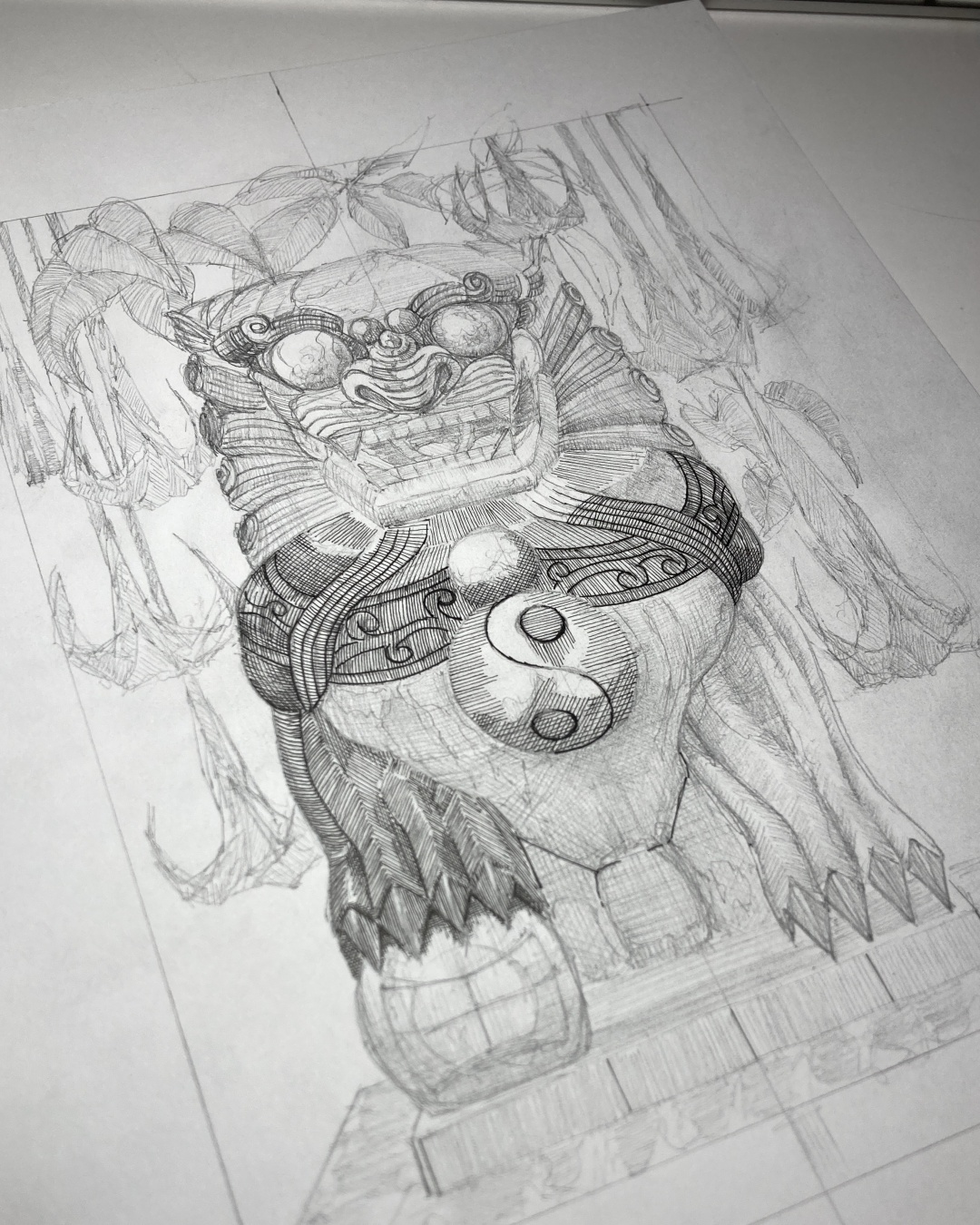 Foo Dog pencil and ink sketch work in progress
