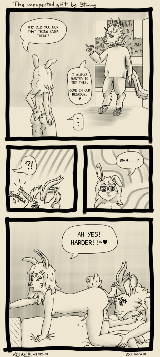 It's an erotic comic with Azarilh, an anthro bunny trans girl, and Stormy, an anthro kirin enby.
Scene 1: Stormy is back home, she is holding something weird. Azarilh asks "why did you buy that thing over there?" Of which Stormy replies "I always wanted to try this. Come in our bedroom. Heart emoji."
Scene 2: Stormy puts the weird thing around her horn on her forehead, wrapping it around like a glove. Azarilh is confused: "wha?"
Scene 3: They are on their bed. Stormy is sticking her horn in Azarilh's butt, making her moan "ah yes! Harder!" while she is orgasming with her penis.