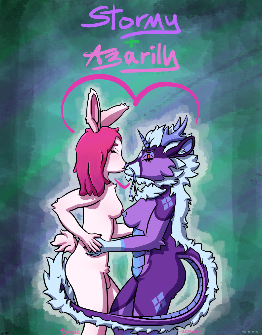 A drawing of two characters kissing while naked. Stormy is a purple anthro kirin, femme-enby, a bit shorter than Azarilh. Azarilh is a pink anthro rabbit trans-girl. Around them there's a heart, and above it reads "Stormy + Azarilh".