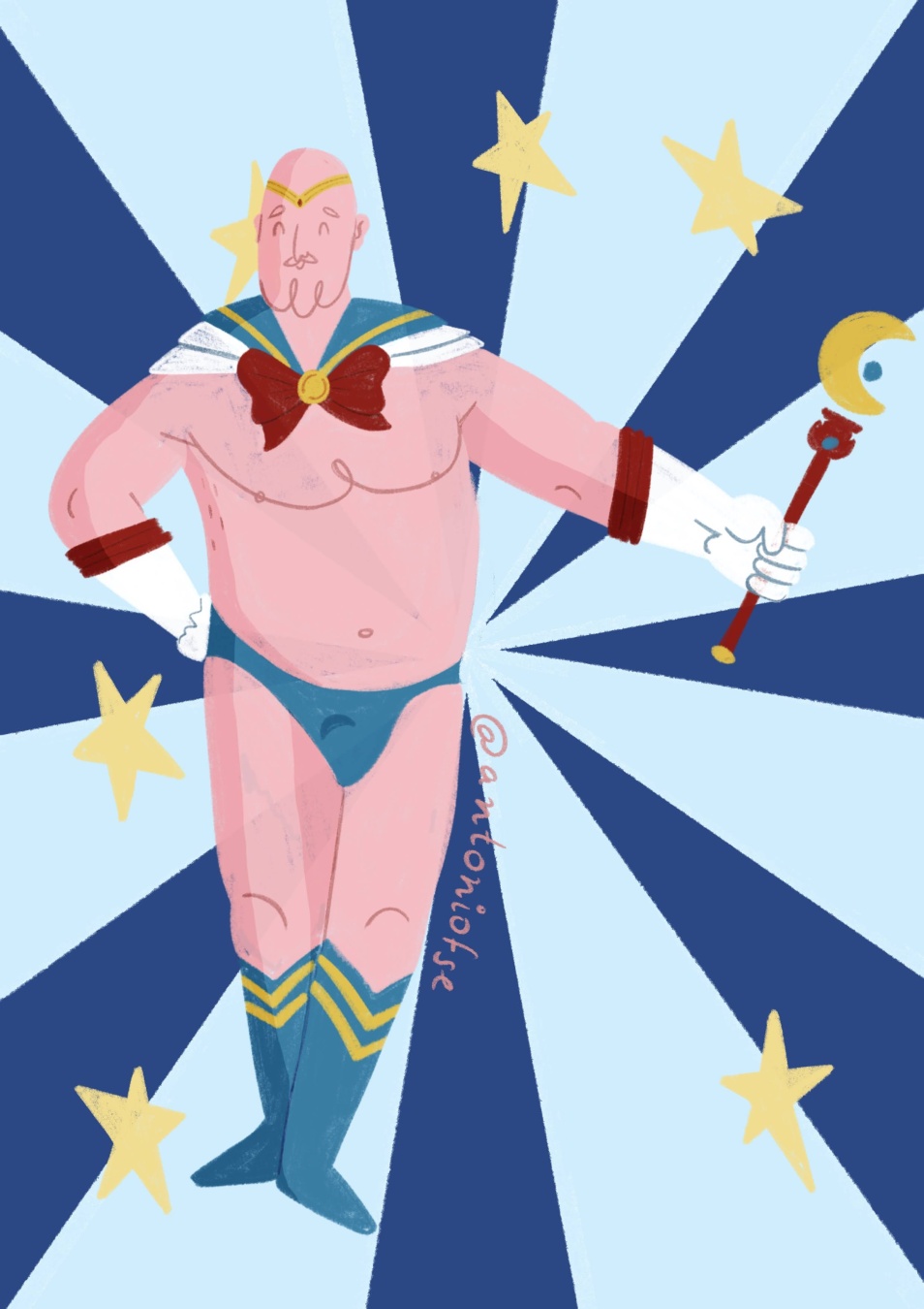 Ilustración divertida de un hombre gordo y calvo con bigote y barba, vestido como Sailor Moon con cetro mágico y fondo de estrellas. Estilo paródico, colorido y empoderado.