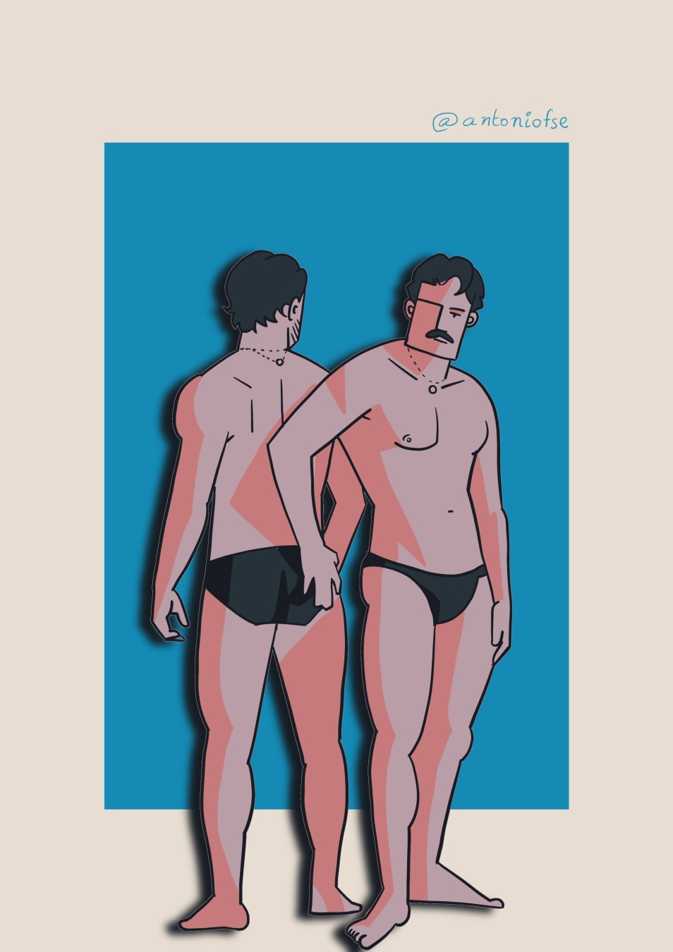 Ilustración digital de dos figuras masculinas en traje de baño negro sobre un fondo azul. Uno de ellos está de frente con bigote y expresión seria, mientras que el otro está de espaldas, ligeramente girado. Los cuerpos presentan sombras geométricas en tonos rosados y oscuros. La imagen tiene un estilo minimalista con contornos marcados y efectos de superposición.