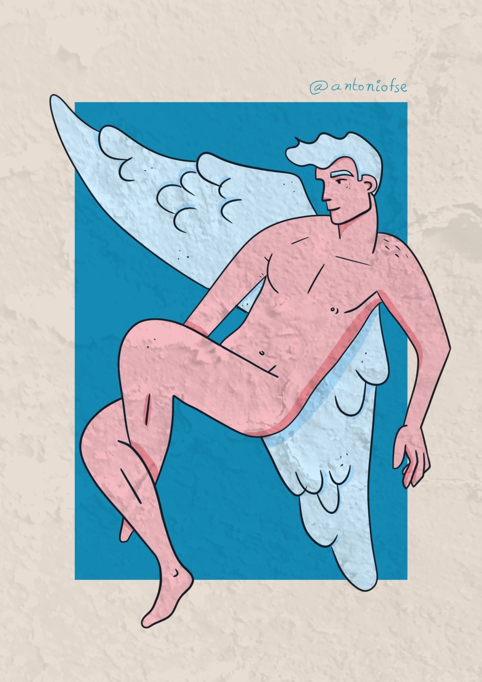 Digital illustration of a pink-skinned angel with light blue hair and white wings. The male figure, drawn with simple and elegant lines, reclines with a serene expression against a rectangular blue background. The graphic style is minimalist, with subtle textures and color contrasts.