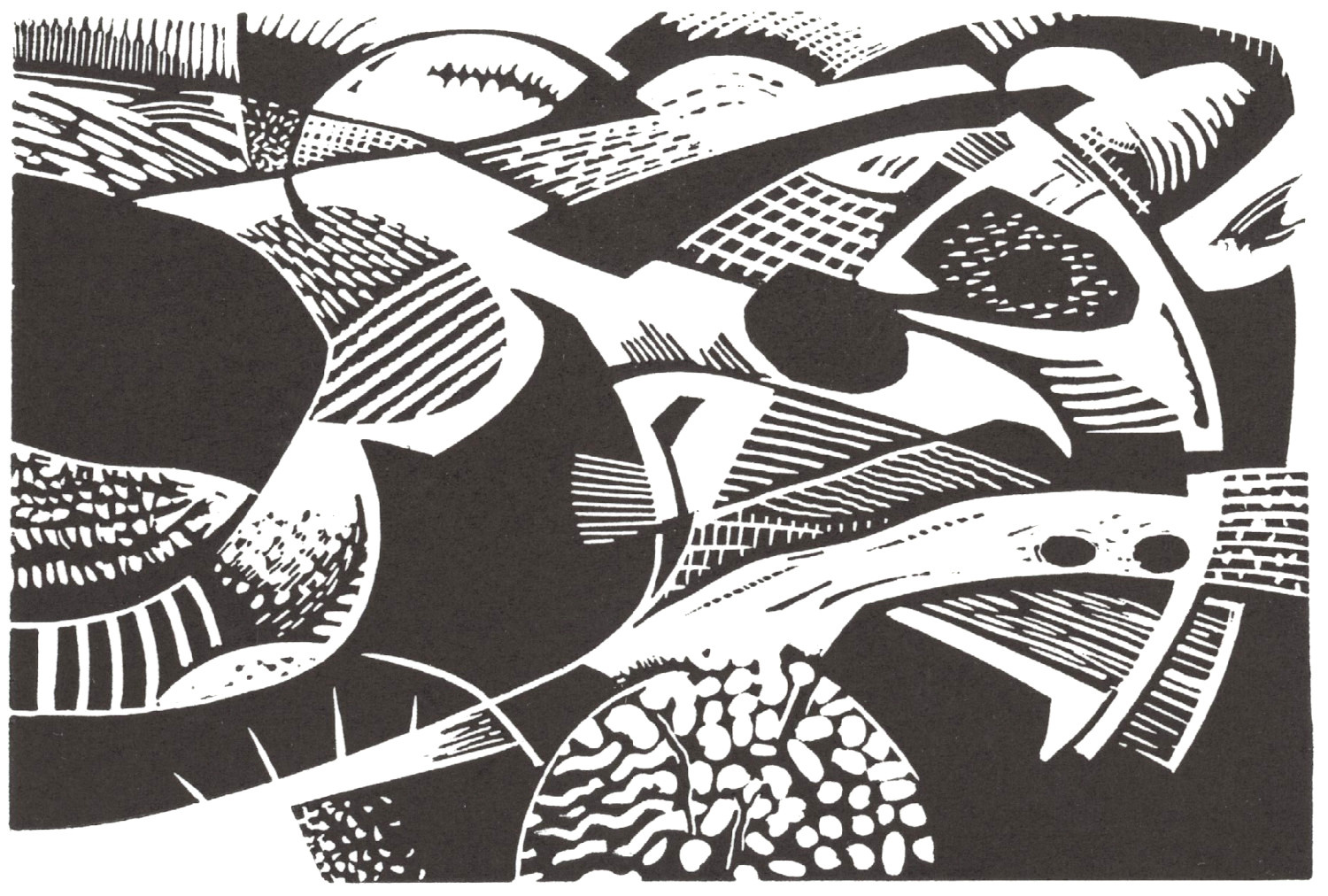 landscape based abstract linocut with bold areas of black and white and a flowing curved composition, areas of linear and patterned mark making