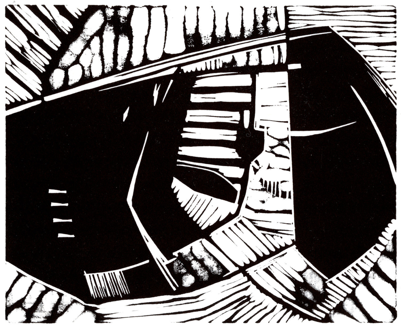 A black and white linocut with two large black shapes to the left and right of the image surrounded by areas dominated by parallel cutting marks from in a variety of sizes that help create interweaves lines through the composition.