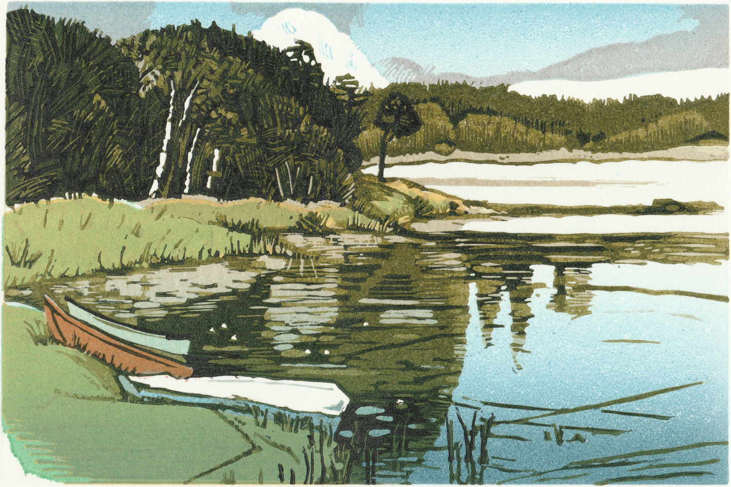 A linocut image of a lake and trees with two boats pulled up on the shore in the foreground. A horizon line of dark trees with a larger stand to the left and a curving bank of grass. reeds and lily pads in the water which reflects a blue sky.
