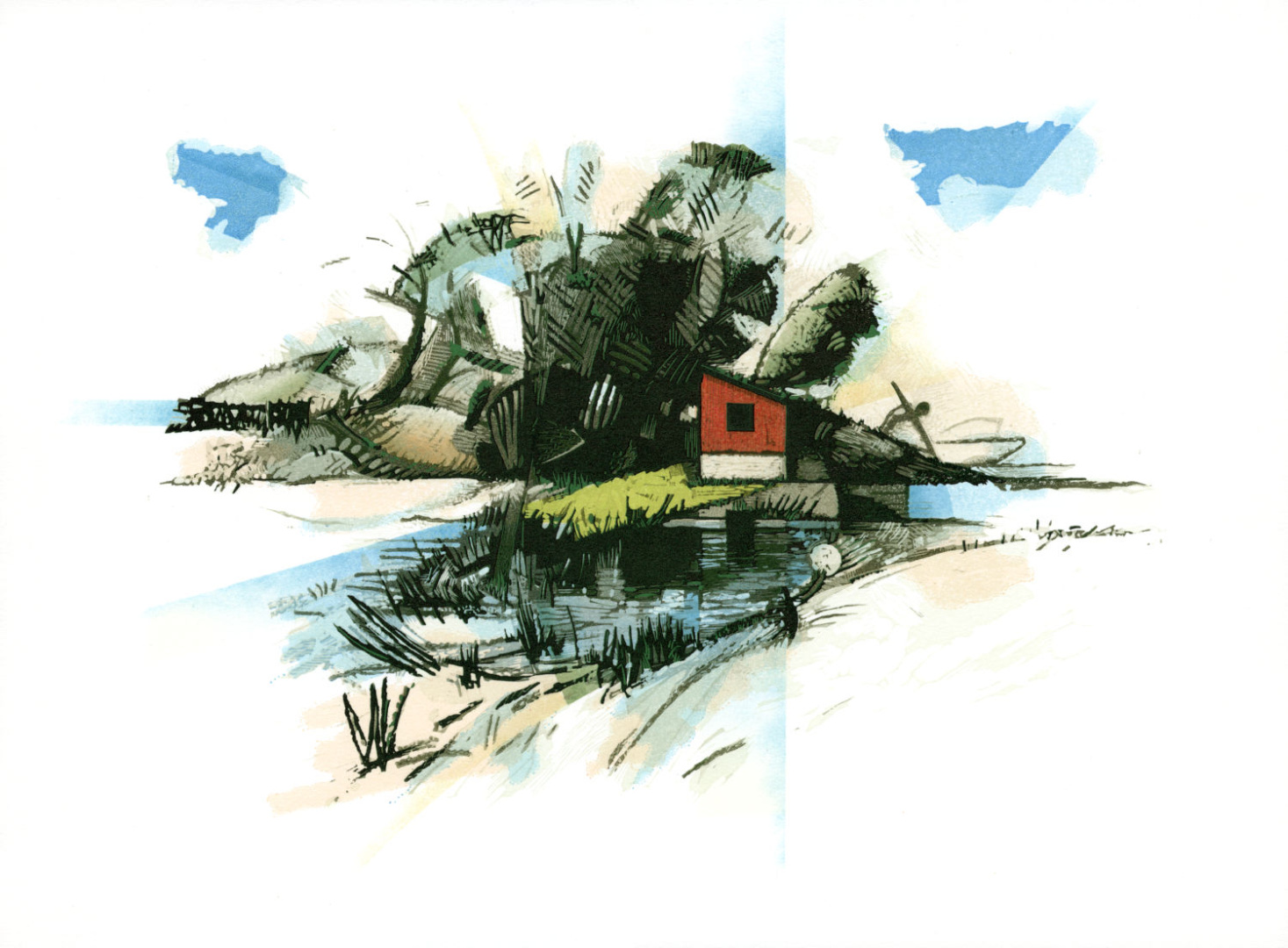 semi-abstract fragmented image of trees and grass with some water, predominantly blues and greens with vigorous dark toned linear cutting.