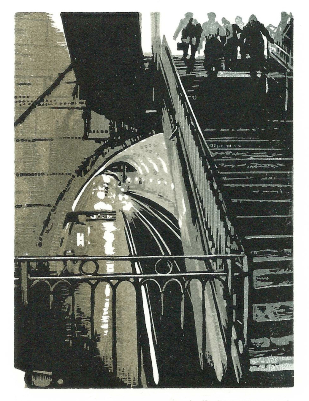 linocut in warm and cool greys. A view of the Paris Metro looking down onto a platform on the left while looking up to the entrance on the right with figures silhouetted against the light