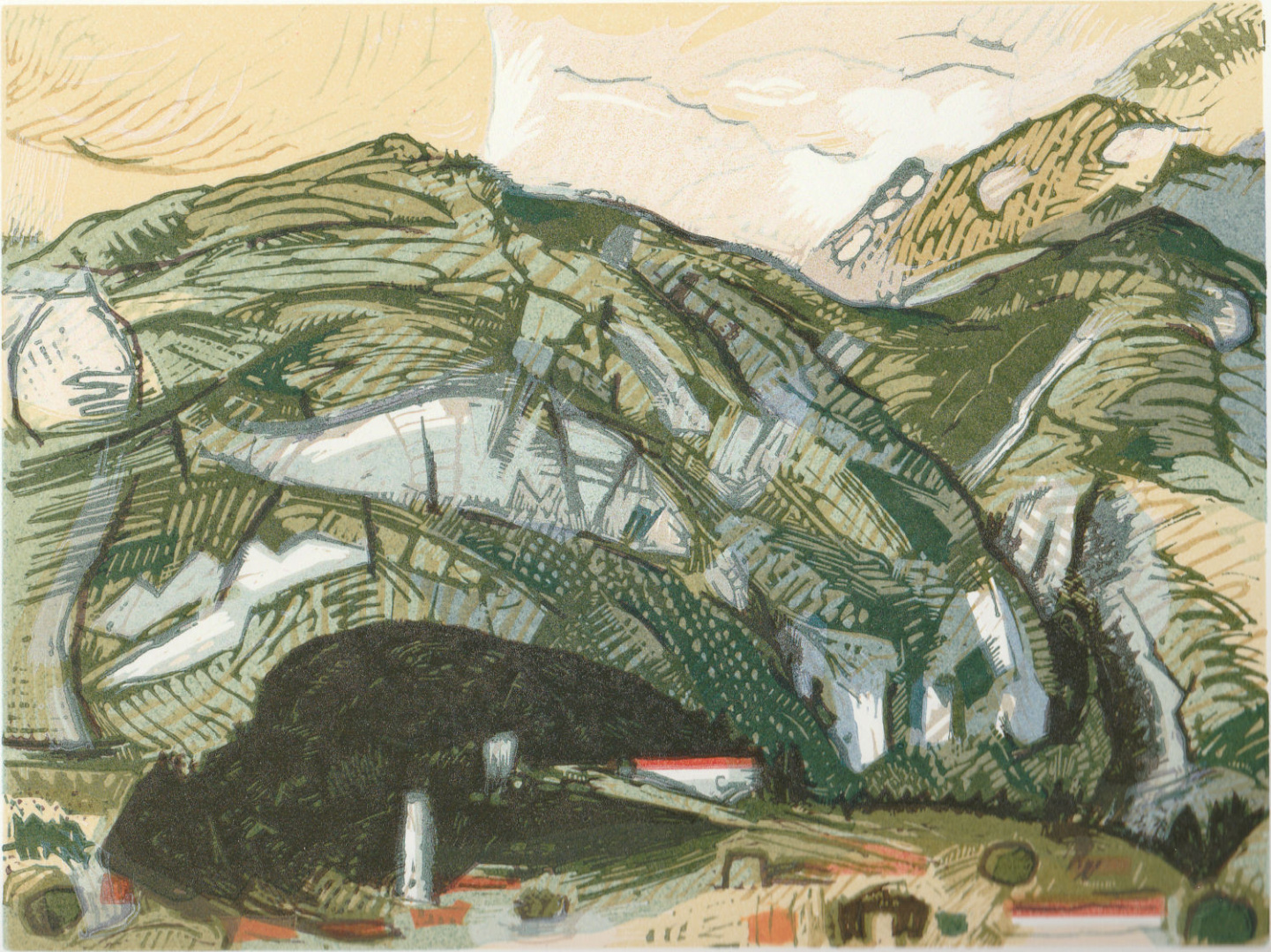 linocut of a view towards Bellagio with mountains behind, various shades of green with small areas of terracotta, most areas with detailed cutting marks