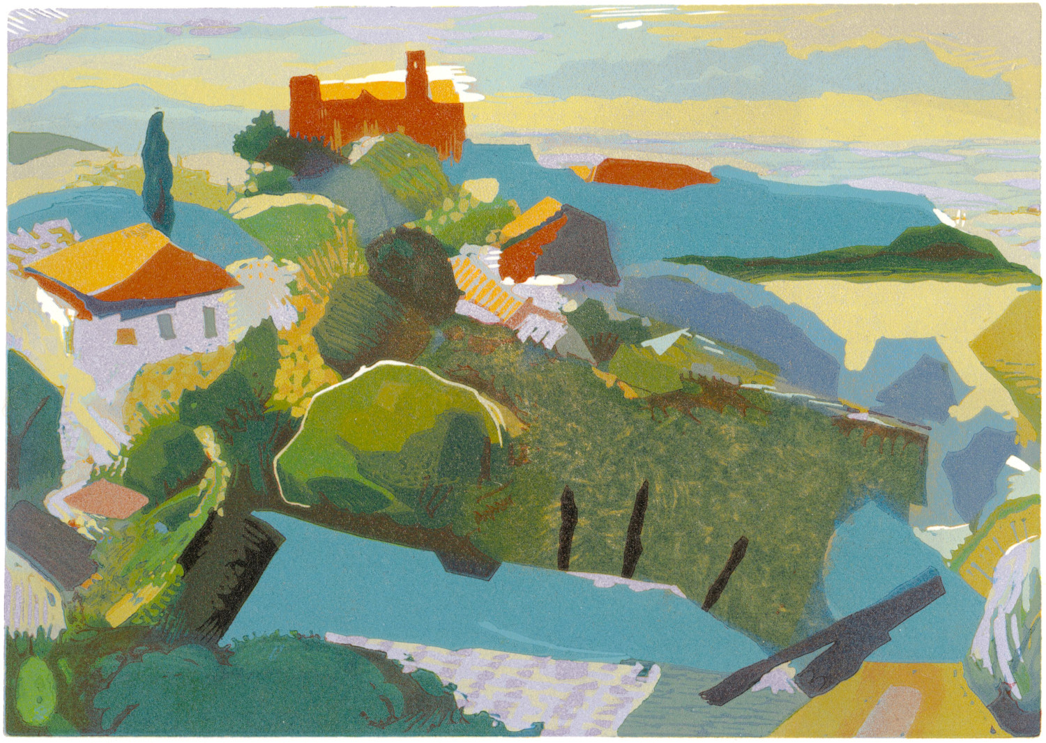 semi abstract view of landscape with trees and rooftops. areas of green and blue with small highlights of orange and red, evening light