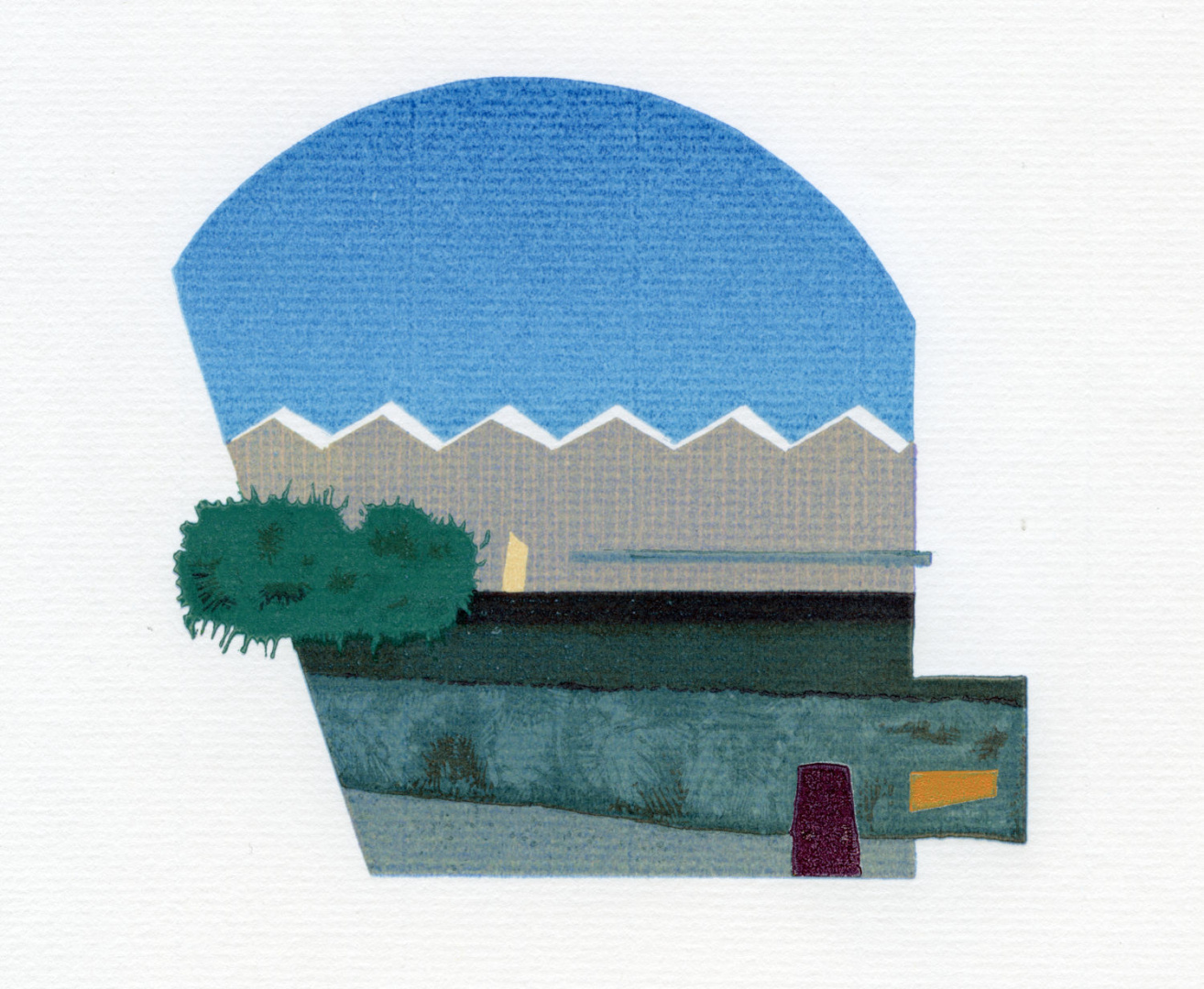 Celle Arch - a shaped linocut image with semicircular top, abstract view of line of grey beach huts against a bright blue sky, light just catching the zigzag of roofs