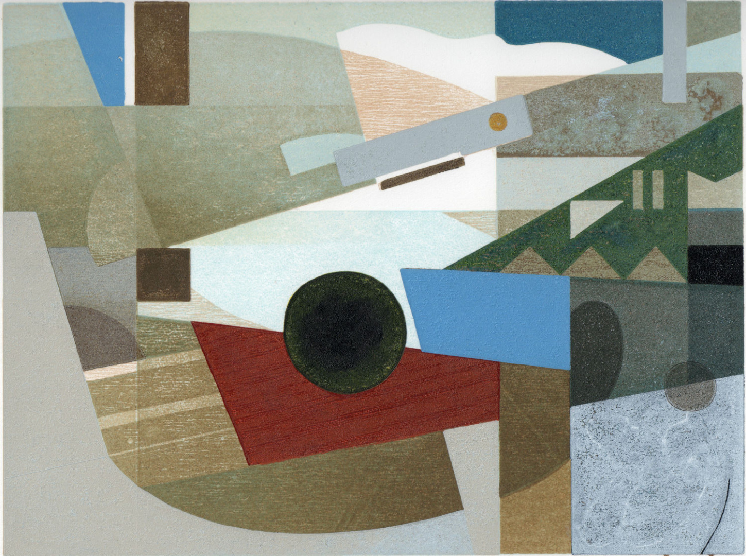 geometric abstraction of river view in blues , greys and browns, interlocking shapes and correlating lines with darker tones surrounding a central light toned area