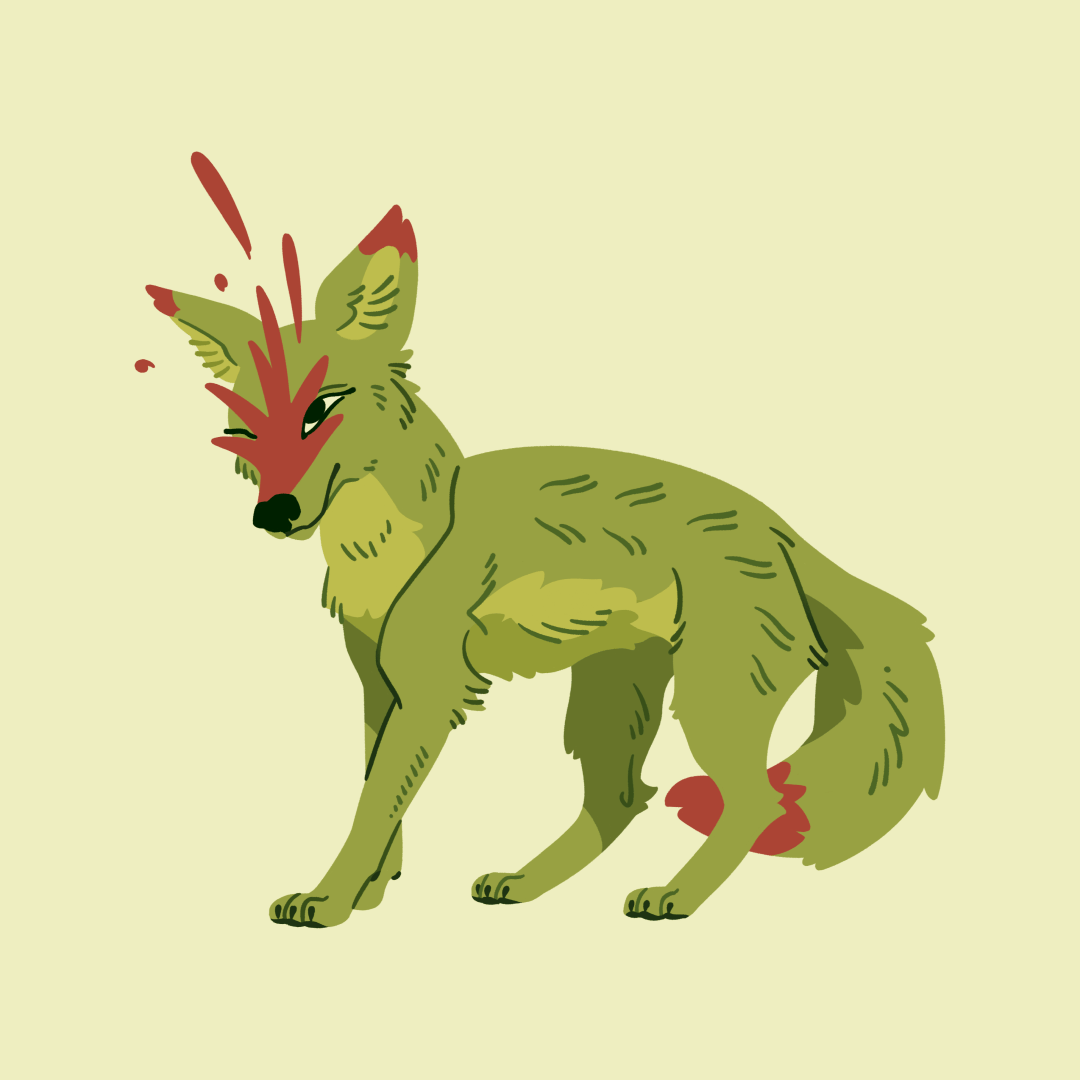 A painting of a green coyote with red tipped ears and tail. It also has red markings on the top of its muzzle, which splatter up and outwards.