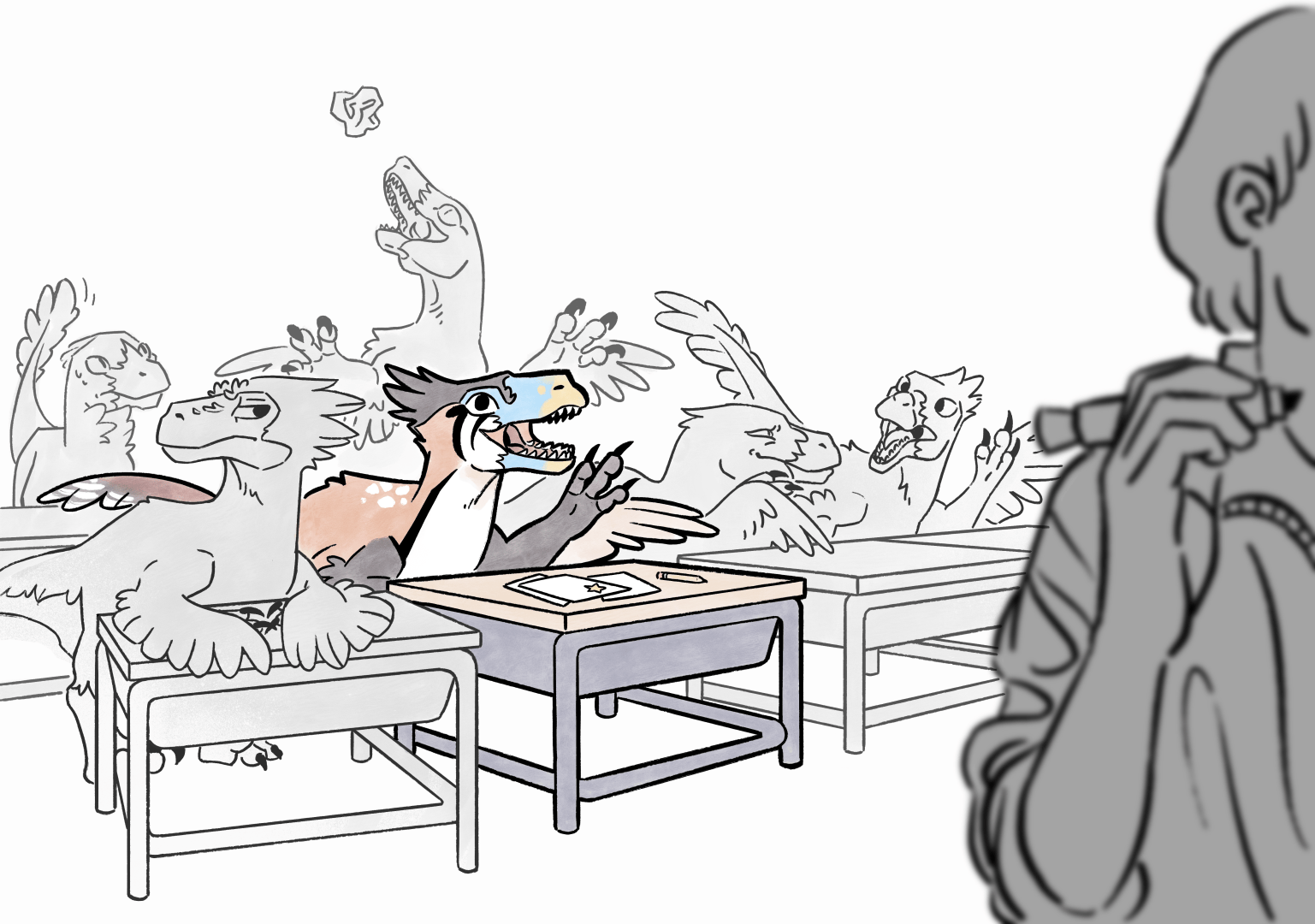 A classroom full of utahraptors. Sawyer, one of the dinosaurs, is in the center, excited to answer a question. The other utahraptors around her are not as focused and seem annoyed by Sawyer's enthusiasm.