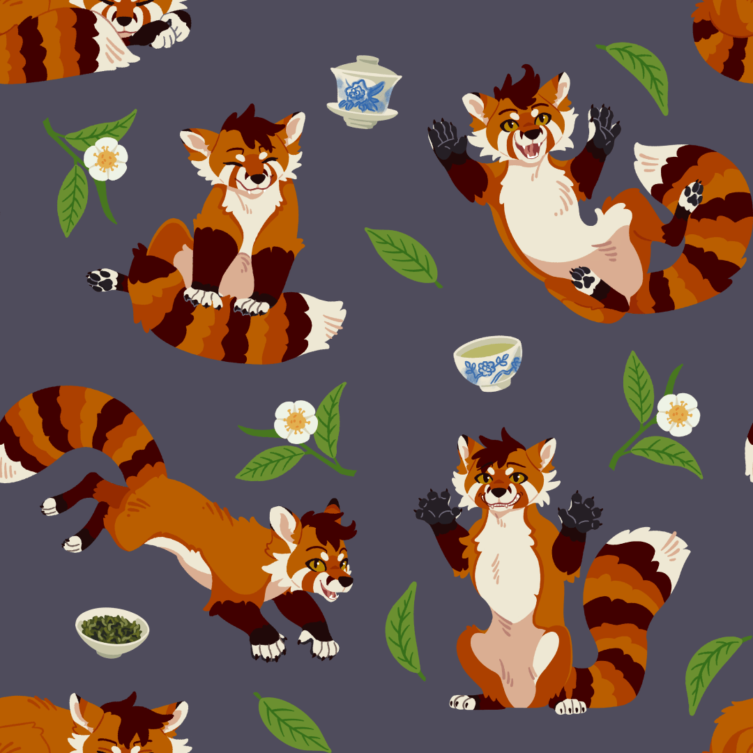 A pattern of a red panda/fox hybrid in various poses (sitting, rolling around, leaping, sat up with arms raising, and sleeping). The negative space is filled with tea leaves, flowers, cuts, gaiwans, and dried tea leaves.